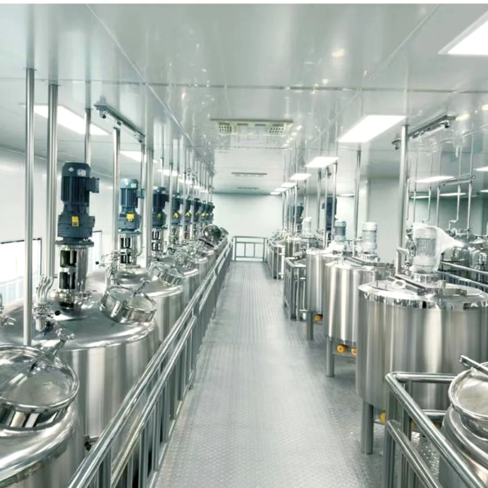 Stainless steel fermentation and bioprocessing tanks in an industrial production facility