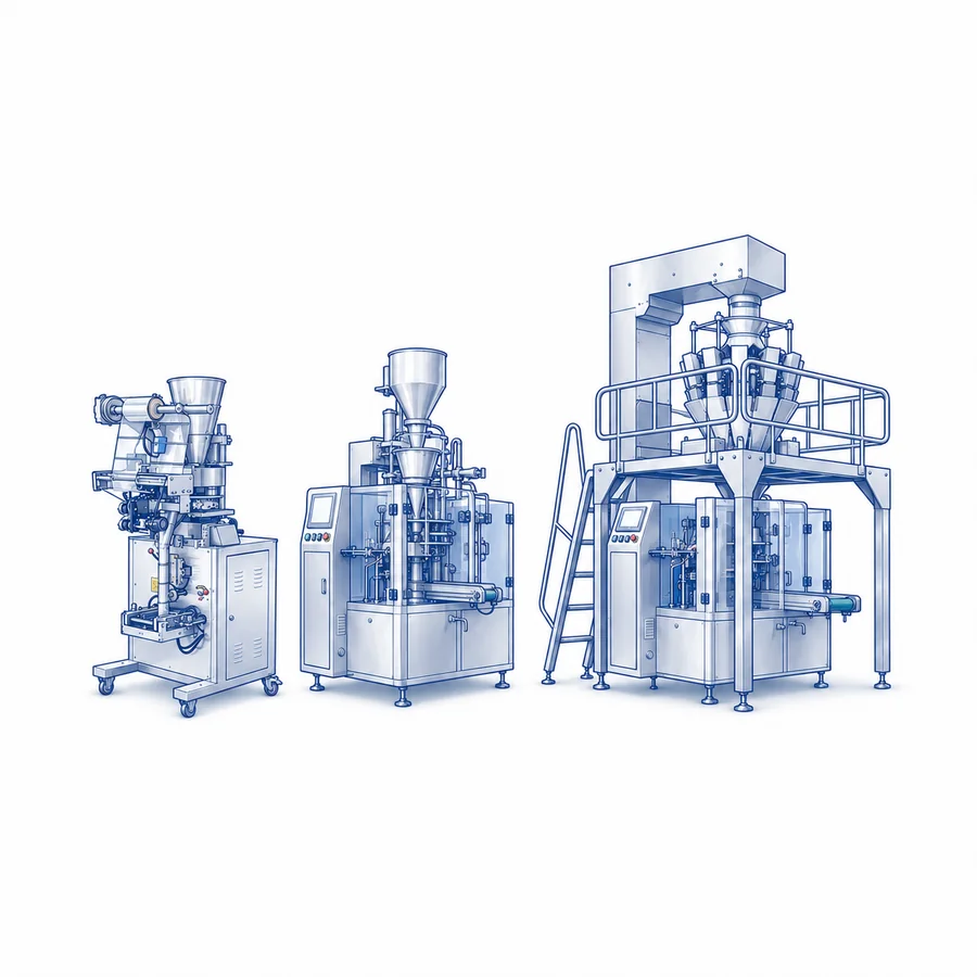 Automatic packaging machines for liquid, powder, and granule products