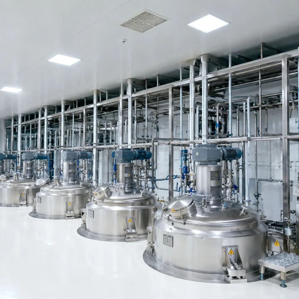 Stainless steel reaction vessels with top-mounted agitators for fine chemical processing